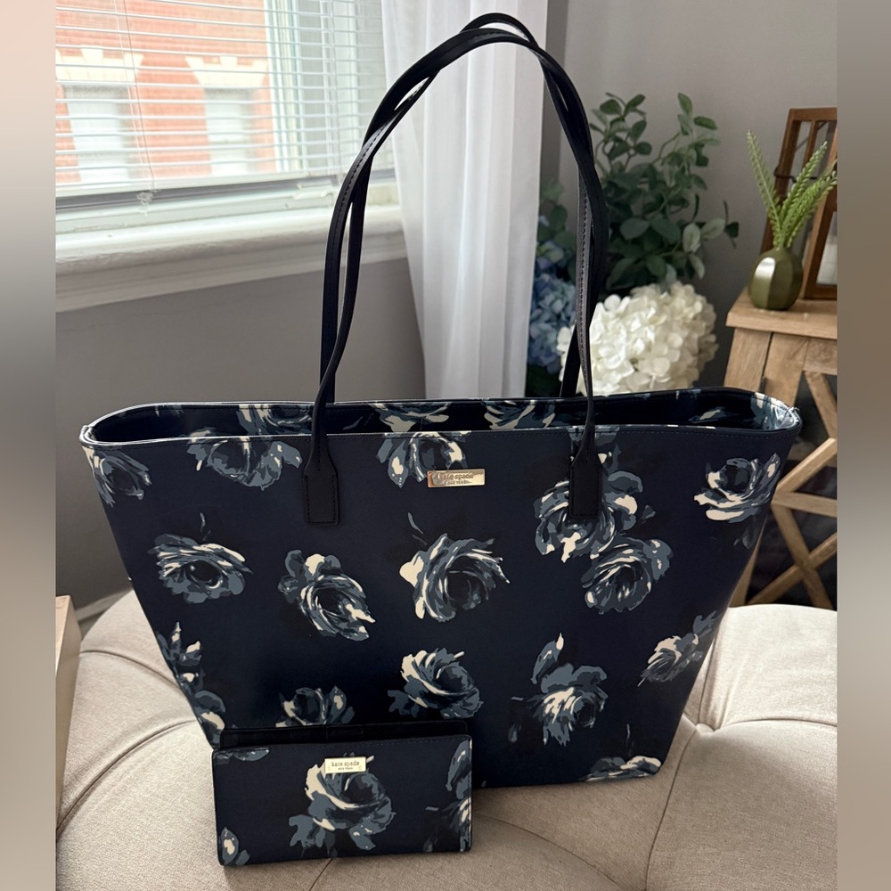Kate Spade Margerita Night Rose Navy Floral Tote and Matching Wallet
